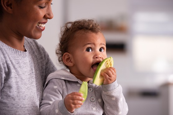 Mom feeds baby avocado. Portrait of mother and hungry baby eating an avocado. Child healthy eating.