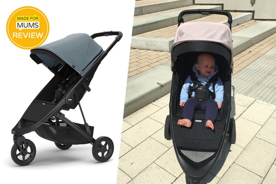 A studio shot of Thule Spring pushchair next to an image of it outside with a baby strapped in