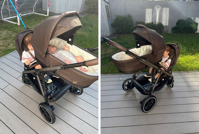 2 pictures of a toddler and baby in Cybex e-Gazelle pushchair