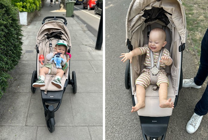 2 pictures of baby in Cybex Avi Spin pushchair