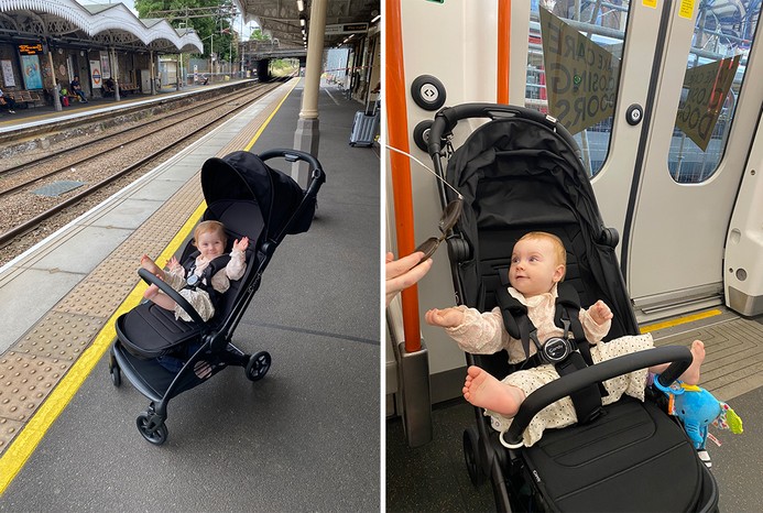 2 pictures of baby in iCandy Pip on train platform and on train