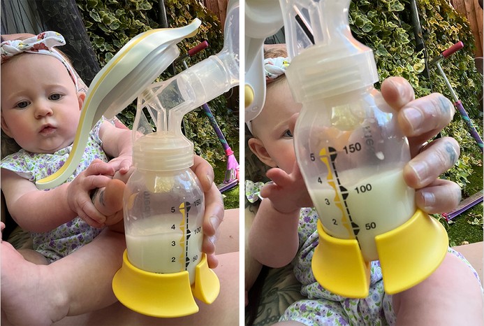 2 pictures of baby with milk in Medela Harmony Flex Manual Breast pump
