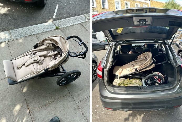 2 pictures of Cybex Avi Spin pushchair folded on pavement and in car boot 2 pictures of Cybex Avi Spin pushchair folded on pavement and in car boot