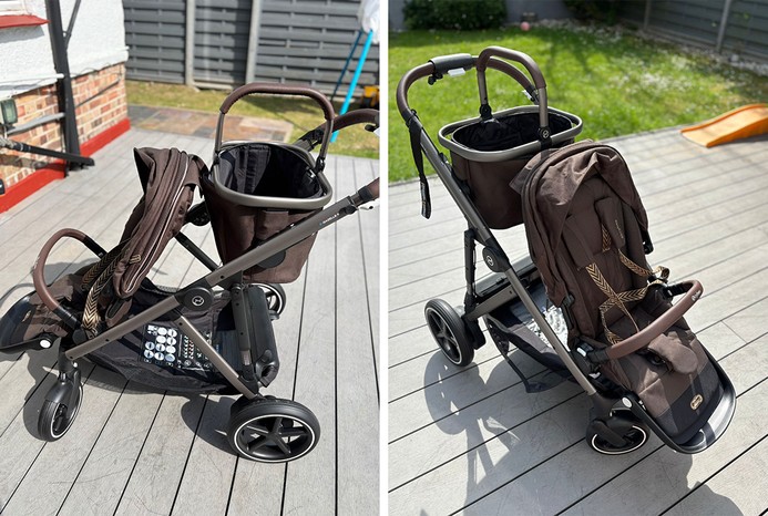 2 pictures of Cybex e-Gazelle pushchair in single mode with basket