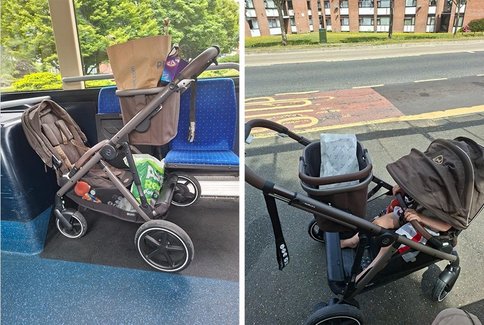 2 pictures of Cybex e-Gazelle S on bus and in city street