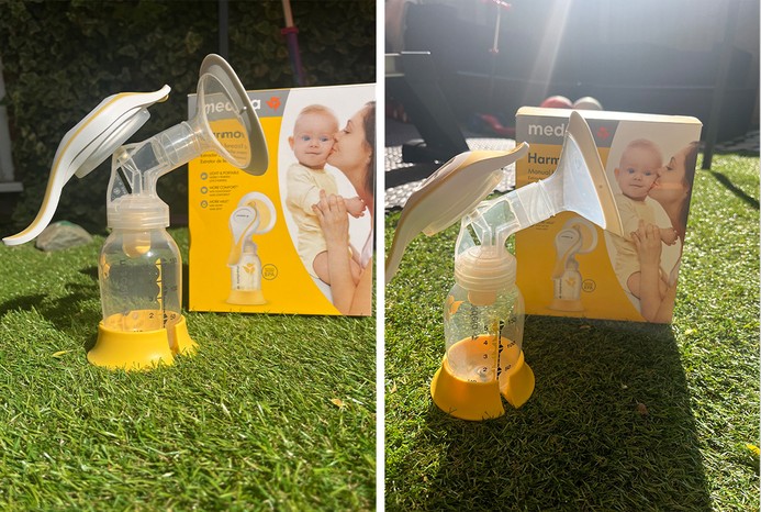 2 pictures of Medela Harmony Flex Manual Breast pump unboxed on grass