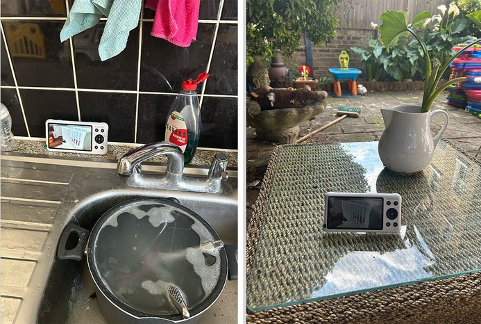 2 pictures of Momcozy 5-Inch Dual-Mode Smart Baby Monitor parent unit next to sink and in garden 2 pictures of Momcozy 5-Inch Dual-Mode Smart Baby Monitor parent unit next to sink and in garden