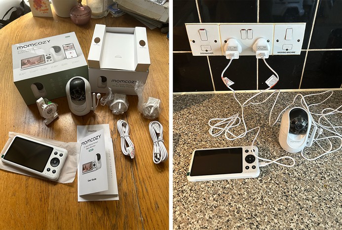 2 pictures of Momcozy 5-Inch Dual-Mode Smart Baby Monitor unboxed and charging