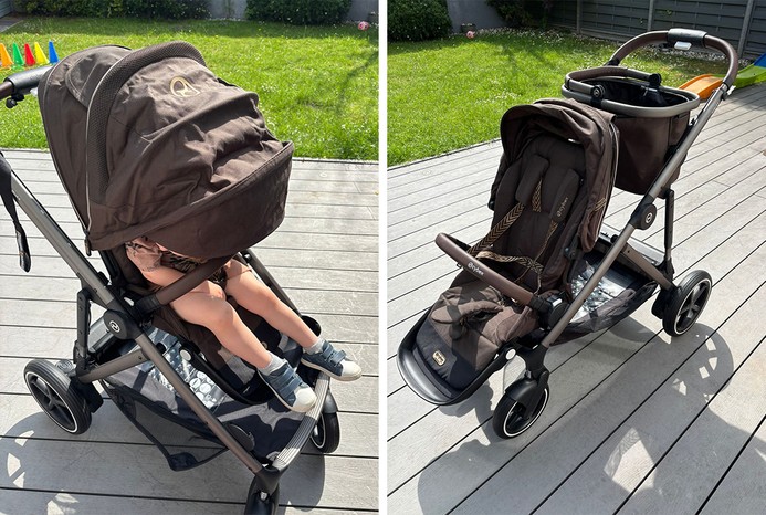 2 pictures of toddler in Cybex e-Gazelle pushchair with hood down and pushchair in single mode with basket