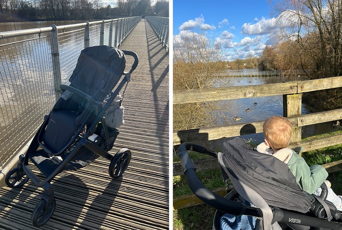 2 pictures of UPPAbaby Vista V3 pushchair at lake