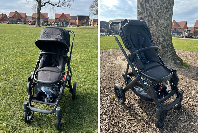 2 pictures of UPPAbaby Vista V3 pushchair on different terrains