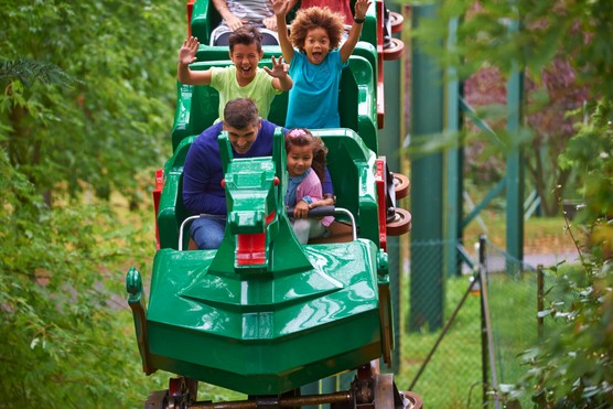 Families going down a dip on The Dragon at LEGOLAND Windsor