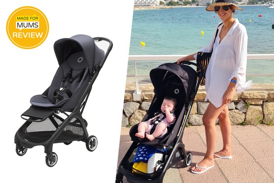 A product shot of the bugaboo butterfly pushchair alongside a woman posing beside it with her child sat in the pushchair