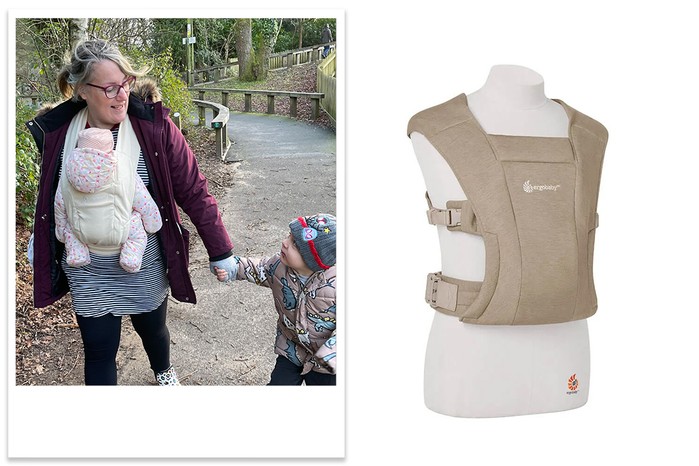 Ergobaby Embrace Baby Carrier product shot and tester picture Ergobaby Embrace Baby Carrier product shot and tester picture