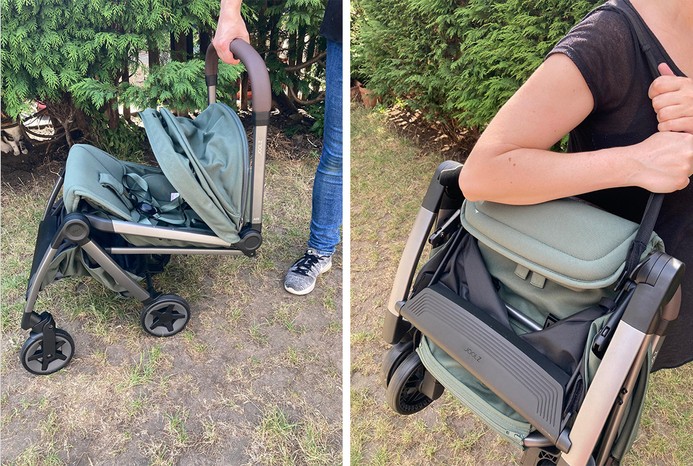 Folding Joolz Aer2 pushchair and the buggy folded over shoulder