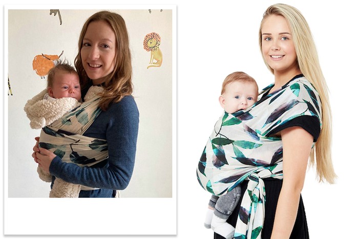 A collage of two different women wearing the Freerider Co. Eucalyptus Baby Sling