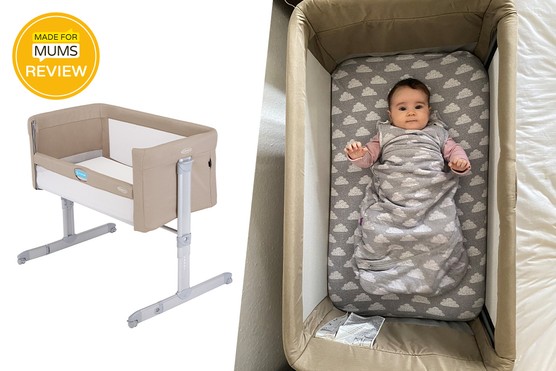 Graco Sweet2Sleep bedside crib review - tester picture and product shot