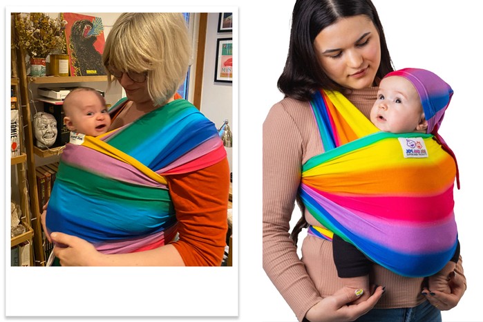 Collage of Joy & Joe Rainbow Stretchy Wrap Bamboo next to picture of woman using it