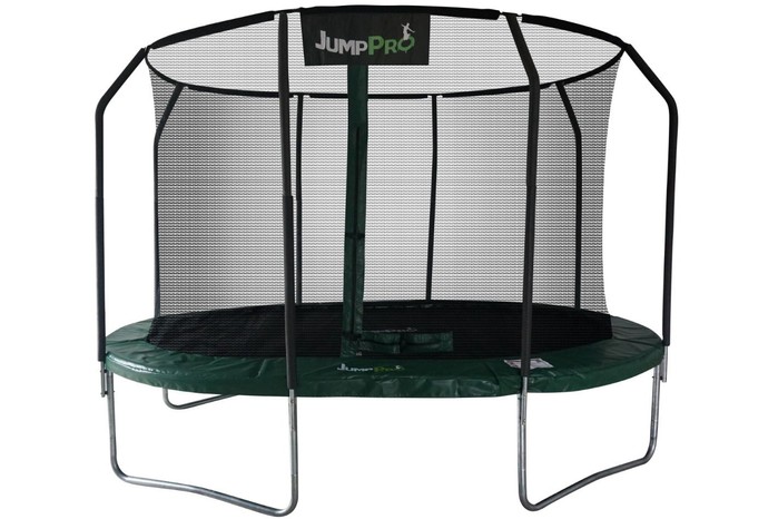 Studio shot of the JumpPRO 15ft x 10ft Xcite Green Oval Trampoline with Enclosure