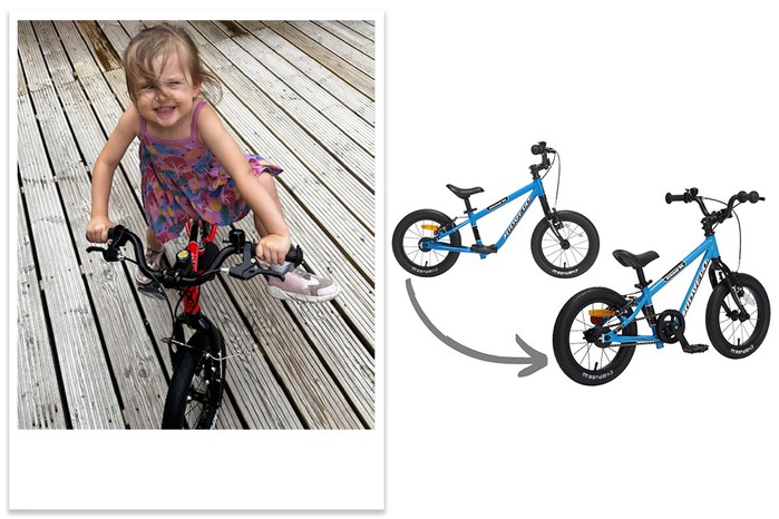 Kidvelo Rookie 14 Convertible Balance to Pedal Bike being tested by child