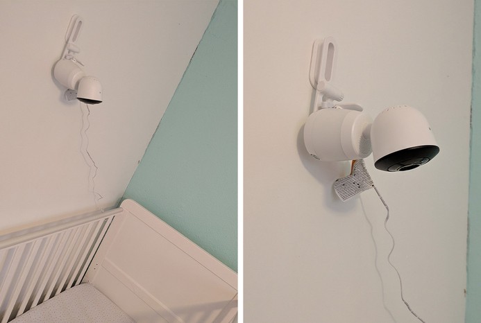 LeapFrog LF2936FHD baby monitor camera installed on wall above baby's crib LeapFrog LF2936FHD baby monitor camera installed on wall above baby's crib