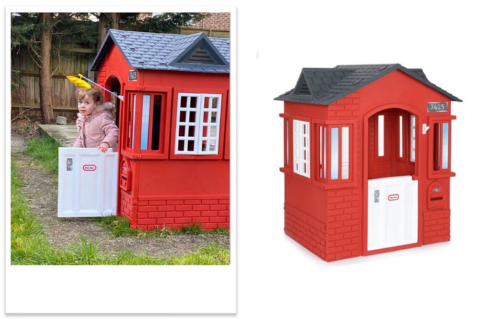 A collage of the Little Tikes Cape cottage outside in a garden with a child inside it next to a studio shot of the product