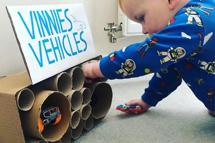 toddler garage made out of loo roll tubes