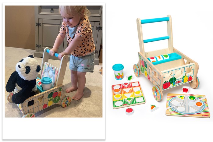 Melissa and Doug Wooden Grow with Me Grocery Cart with child tester Zoe