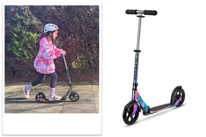 Product shot of Micro scooter and child on scooter