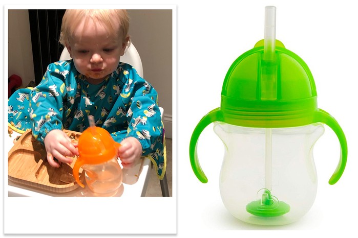 Munchkin weighted straw cup being tested by a toddler