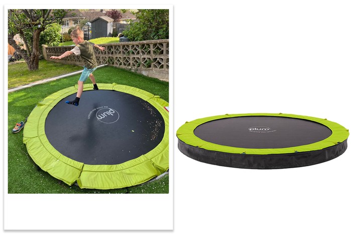 A collage showing a boy jumping on the Plum 8ft Circular In-Ground Trampoline and the product shot in a studio