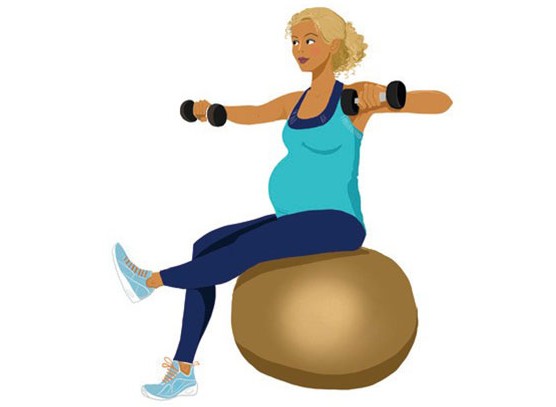 illustration of pregnant woman sitting on an exercise ball doing lateral raises with small handweights