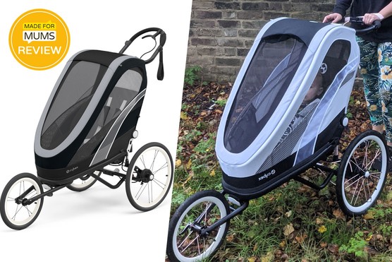 A studio image of cybex Zeno pram and a real life shot of the pram outdoors