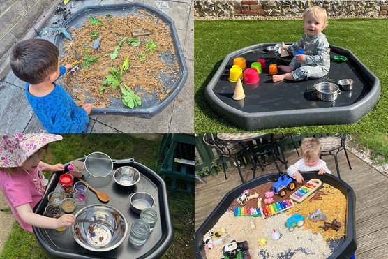 collage of four tuff tray ideas with children in