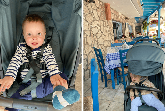 2 pictures of baby sitting in Silver Cross Clic 2 pushchair