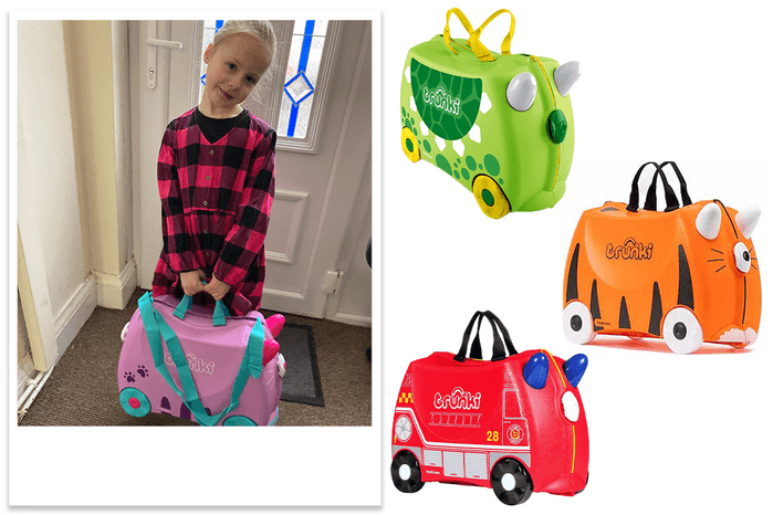 2 pictures of child with Trunki and 3 product shots of different Trunki designs 2 pictures of child with Trunki and 3 product shots of different Trunki designs