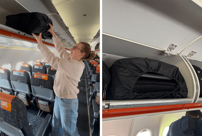 2 pictures of Kinderkraft PILOT 2 stroller in the overhead compartment