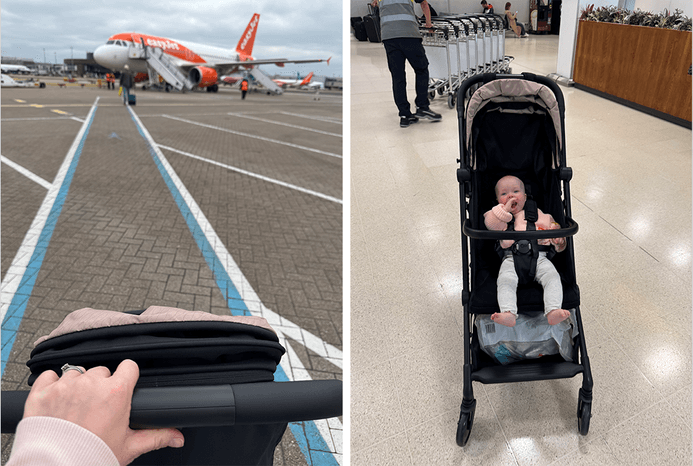 2 pictures of reviewer with Kinderkraft PILOT 2 stroller getting on a plane