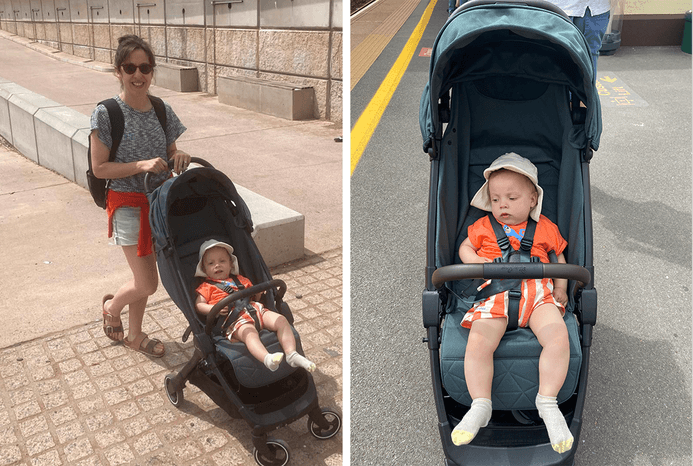 2 pictures of reviewer with Silver Cross Clic 2 pushchair and close-up of baby lying down 2 pictures of reviewer with Silver Cross Clic 2 pushchair and close-up of baby lying down