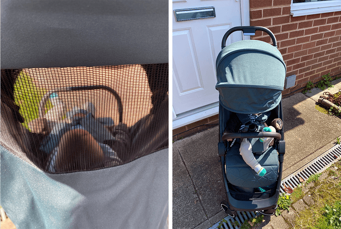 Close-up of Silver Cross Clic 2 pushchair hood with ventilation panel and view of pushchair with hood down Close-up of Silver Cross Clic 2 pushchair hood with ventilation panel and view of pushchair with hood down