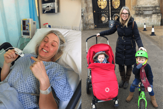 Composite image of Rachel Tompkins in hospital and with her two children.