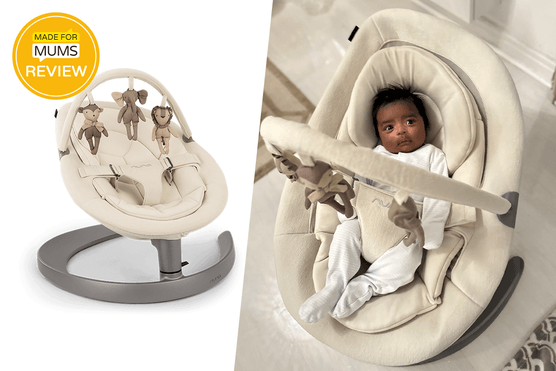 Nuna LEAF grow bouncer seat review featuring product shot and baby in the bouncer